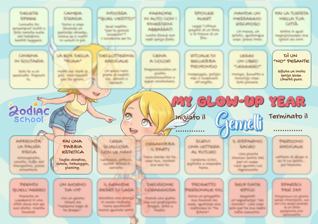 Poster A3 con challenge pratiche ispirate al segno dei gemelli. Un percorso di crescita personale disponibile in versione stampata o digitale.