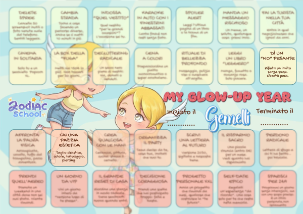 Poster A3 con challenge pratiche ispirate al segno dei gemelli. Un percorso di crescita personale disponibile in versione stampata o digitale.