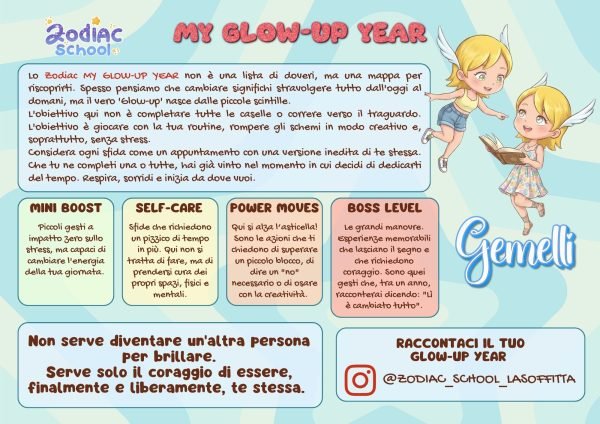 Poster A3 con challenge pratiche ispirate al segno dei gemelli. Un percorso di crescita personale disponibile in versione stampata o digitale.